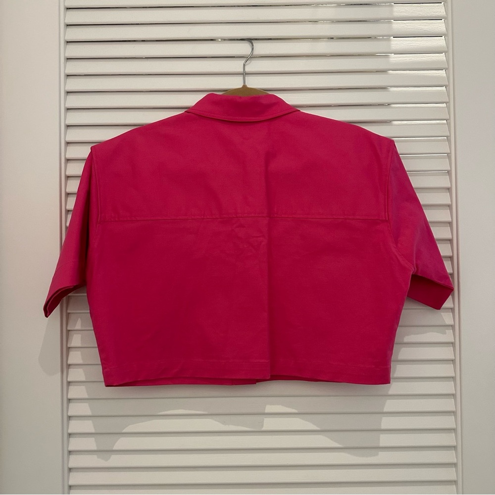 DKNY Cropped Short Sleeve Linen-Blend Button Down Shirt - Picture 8 of 8